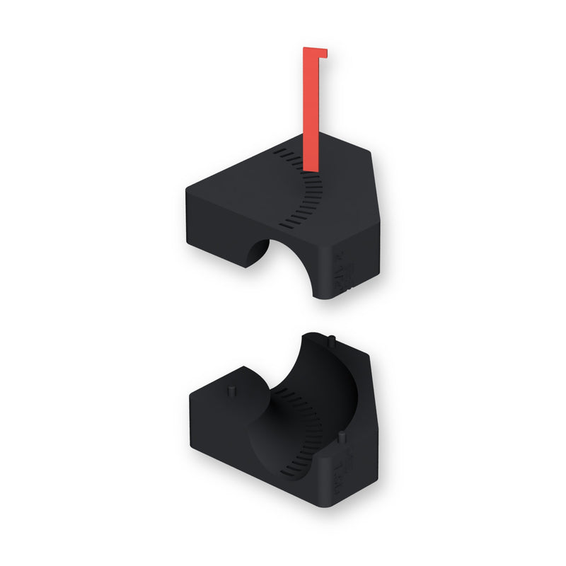 BPS mandrel bend cut jig exploded view: top half, bottom half with alignment pins, and stop tab