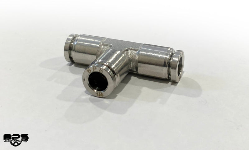 BPS Stainless Steel Push To Connect Tee Fitting - for use with 1/4in (6mm) OD tubing - Billet Pro Shop